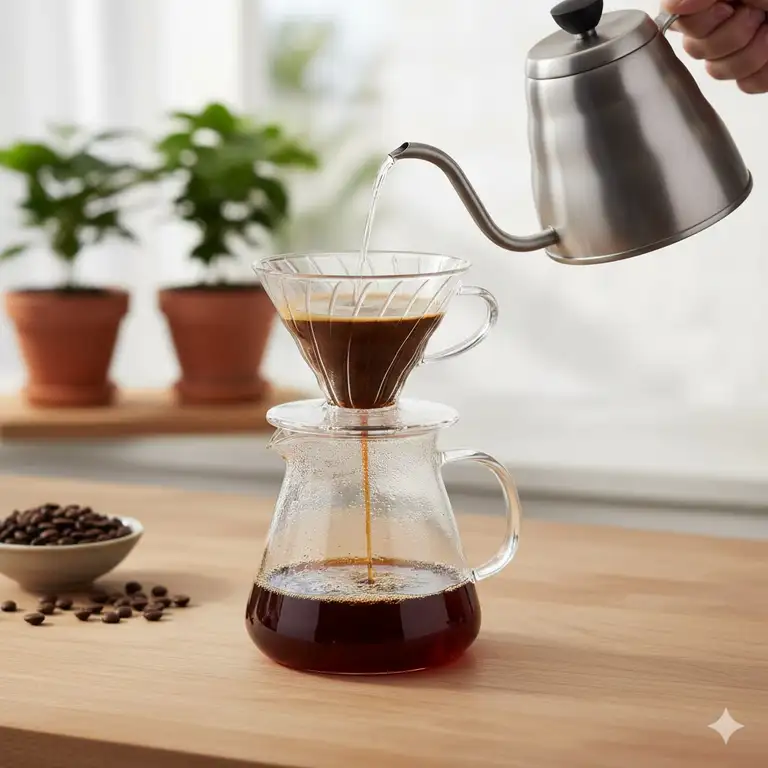 Borosilicate glass coffee filter pour-over device in use, highlighting its clarity and sleek design on a light wooden countertop.