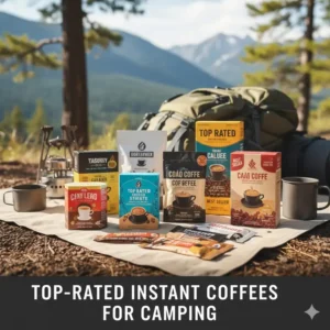Lineup of the best instant coffee for camping packets and containers reviewed for camping and backpacking.