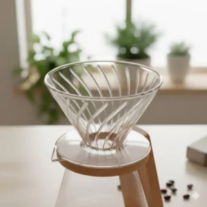Close-up of a conical glass coffee filter (V60 style) showing the internal ribs and single drain hole.