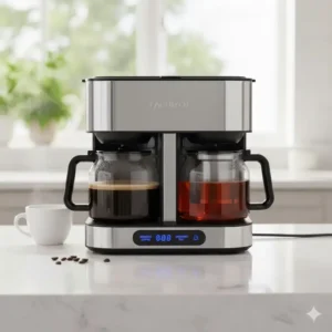 A clear front view of the appliance showing the integrated coffee maker with tea maker functions.