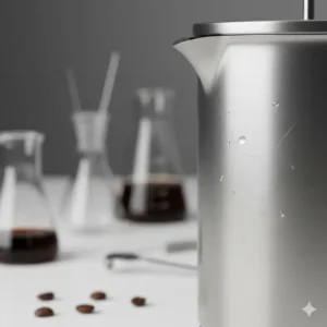 Close-up of the titanium french press material construction, emphasizing its strength, lightweight quality, and rust-proof properties.