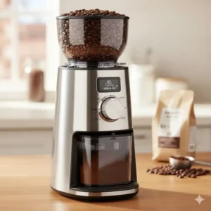 A detailed shot of the best coffee grinder under 100 (a top-rated burr model), highlighting its consistent grind settings.