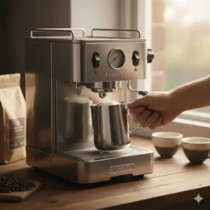 Close-up of a top-rated single boiler espresso maker, like the Rancilio Silvia, with a steaming milk pitcher.