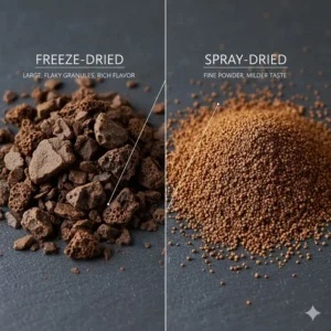 Close-up comparison of freeze-dried and spray-dried instant coffee granules, highlighting the different textures and quality factors for hikers.
