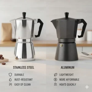 A visual comparison of stainless steel and aluminum stovetop percolators.