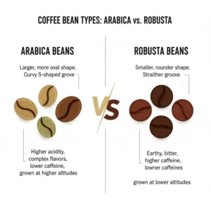 Illustration comparing Arabica and Robusta coffee beans, essential raw material for great bean to cup coffee.