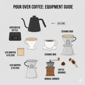Illustration showing all the essential equipment needed to make pour over coffee single cup, including a gooseneck kettle, dripper, filter, mug, and scale.