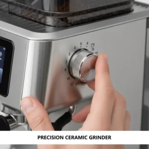 Close-up shot of the adjustable ceramic burr grinder settings on the best home automatic espresso machine.