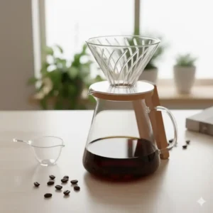 Complete glass coffee filter pour-over set, including the matching carafe and measuring scoop.