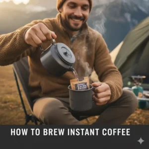 Close-up showing how to easily prepare the best instant coffee for camping by adding hot water to a mug.