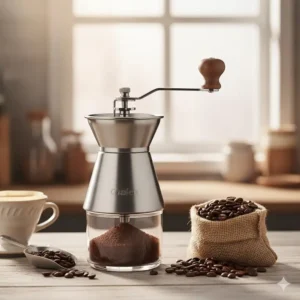 An elegant manual coffee grinder, one of the best coffee grinder under 100 options, with a hand-crank handle.