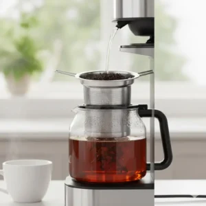 A close-up of the tea brewing basket mechanism inside the coffee maker with tea maker.