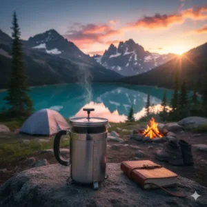 A titanium french press being used outdoors at a campsite, demonstrating its portability and reliability for camping and backpacking adventures.