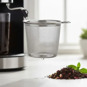 Detailed view of the integrated tea infuser basket that fits securely inside the coffee maker with tea's brewing chamber.