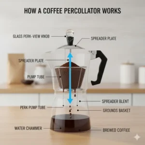 Diagram illustrating how a coffee percolator works, showing the boiling water and perking tube.