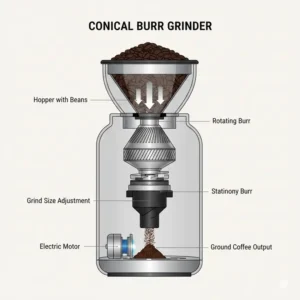 Diagram of a conical burr grinder, a key component in a high-quality automatic bean to cup coffee machine for an optimal grind.