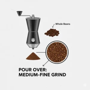 Close-up diagram illustrating the ideal grind size for pour over coffee single cup, which is typically a medium-fine consistency.