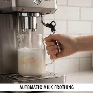 Detail of the integrated automatic milk frothing and steaming system preparing foamed milk for a latte from the best home automatic espresso machine.