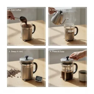 A step-by-step image showing the precise process of brewing coffee using a titanium french press, from pouring hot water to plunging.