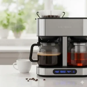 The glass coffee carafe and filter basket of the combination coffee maker with tea maker appliance.