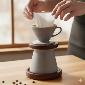 Hand gently inserting a compatible cone-shaped paper filter into the ceramic coffee pour over brewer.
