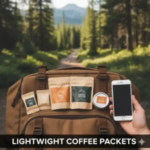 Comparing different sizes of lightweight packets of the best instant coffee for camping, ideal for carrying in a hiking backpack.