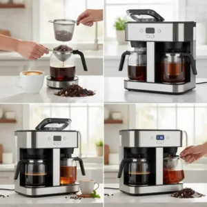Step-by-step image showing how to easily brew loose leaf tea in a specialized coffee maker with tea appliance.