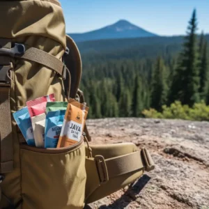 A variety of single-serve portable instant coffee packets neatly packed inside a small hip belt pocket, demonstrating ease of carrying on the trail.