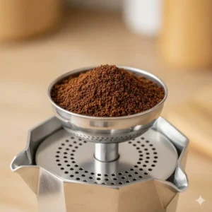 The inside of a stovetop percolator, focusing on the basket that holds the coarse coffee grounds.