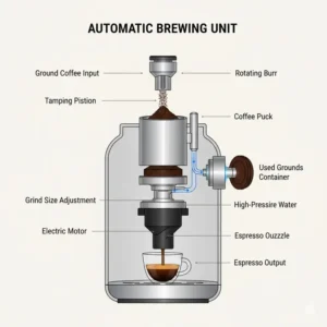 Detailed view of the brewing unit where the tamped grounds are pressurized to create fresh espresso, central to bean to cup coffee systems.