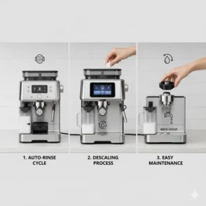 An image illustrating the simple, automated cleaning cycle of a modern best home automatic espresso machine.