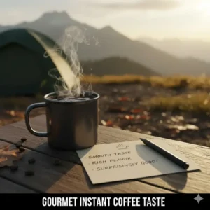 Steaming cup of the best instant coffee for camping next to a review card mentioning its smooth taste and rich flavor.