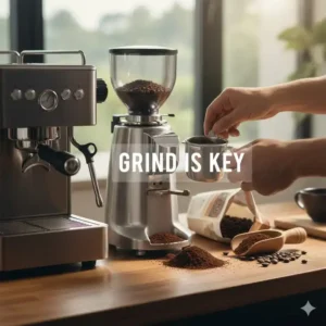 Image of a burr grinder next to an espresso machine, highlighting the importance of a quality grinder for great espresso.