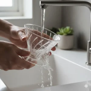 Rinsing a reusable glass coffee filter under the sink, demonstrating ease of cleaning.
