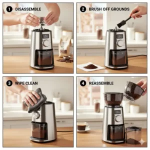 A step-by-step guide showing the easy cleanup process for the best coffee grinder under 100.