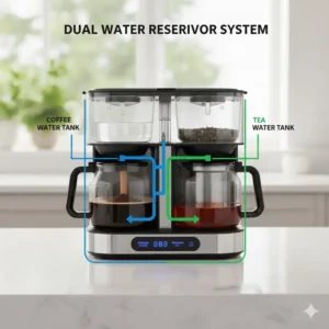 A diagram illustrating the separate dual water reservoir system for the coffee maker with tea maker.
