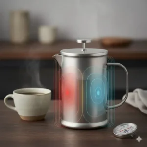 Detail shot of the double-wall, insulated design of the titanium french press, which helps maintain the perfect coffee temperature longer than glass.