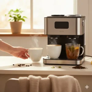 A cozy morning scene featuring a mug of coffee and a cup of fresh tea next to the dual-purpose coffee maker with tea machine.