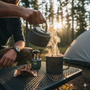 A hiker pouring hot water from a small backpacking stove into a cup of instant coffee, illustrating the quick brewing process on the trail.