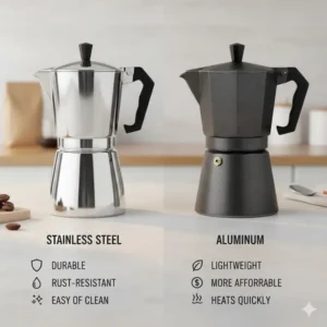 Three different sizes of stovetop coffee percolators, demonstrating cup capacity options.