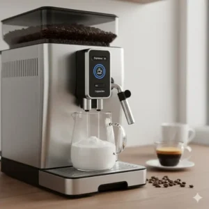 Automatic milk frothing system on a premium maker preparing a creamy cappuccino, a great feature of bean to cup coffee appliances.