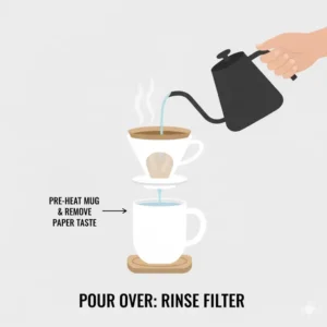 Step-by-step visual on how to properly rinse the paper filter in the dripper before adding grounds for the pour over coffee single cup method.