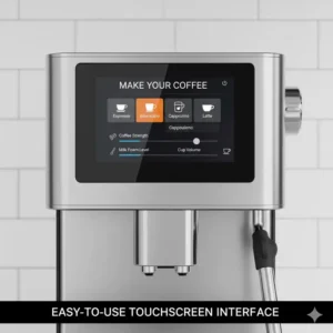 The high-resolution, easy-to-use touchscreen interface of the best home automatic espresso machine.