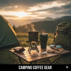 Essential gear for making the best instant coffee for camping, including a small camp stove and a lightweight mug.