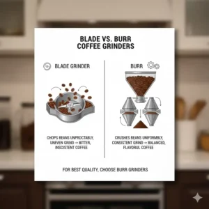 A diagram contrasting the mechanism of a blade grinder versus the best coffee grinder under 100 (a burr model).