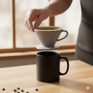 The completed ceramic coffee pour over setup, demonstrating how the dripper perfectly rests on a standard coffee mug.