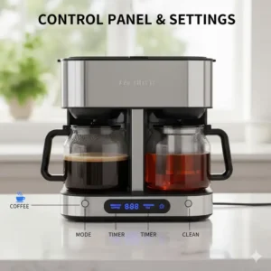 Digital control panel displaying brewing options for the coffee maker with tea maker.