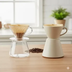 Comparing a clear glass coffee filter next to a ceramic one, emphasizing the difference in material.