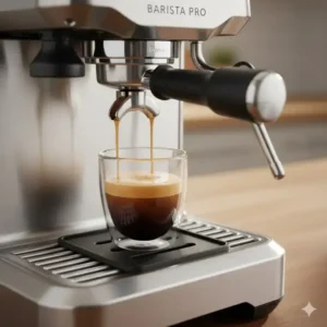 A perfect, rich espresso shot with thick golden crema being extracted from a home espresso machine under 1000 dollars.
