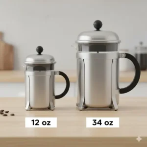 A visual comparison of the different sizes or capacity options available for the titanium french press, such as 12 oz and 34 oz models.